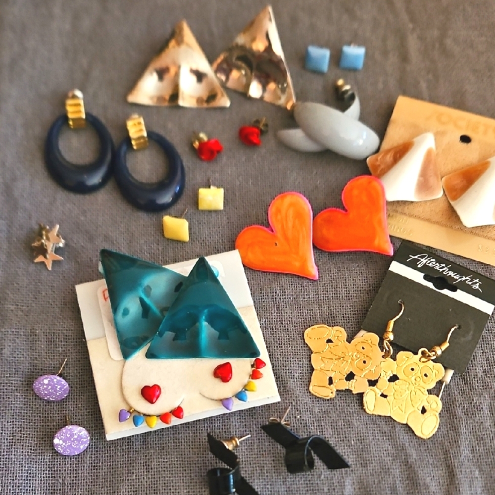 1980s Earring Lot Some NOS Hearts Bears Geometric Post & Clip On Vintage Retro